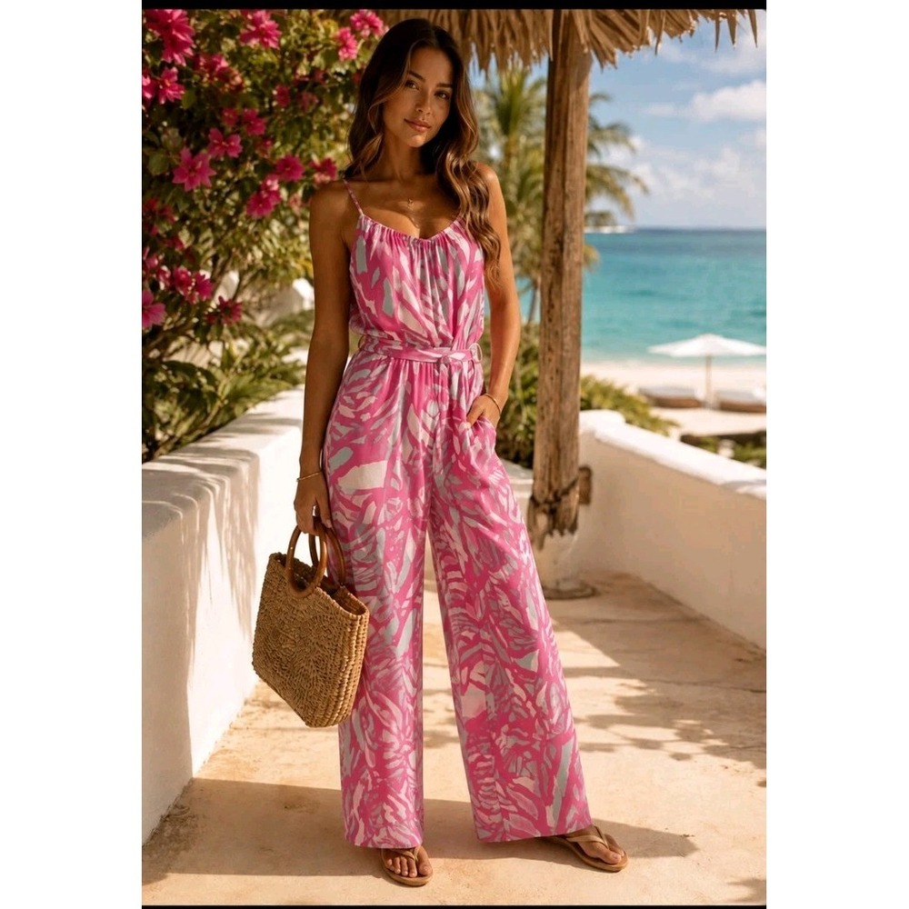 Lilly Pulitzer TIA Jumpsuit in Capri Pink (Papaya Playa) Sz M Resortwear Beach